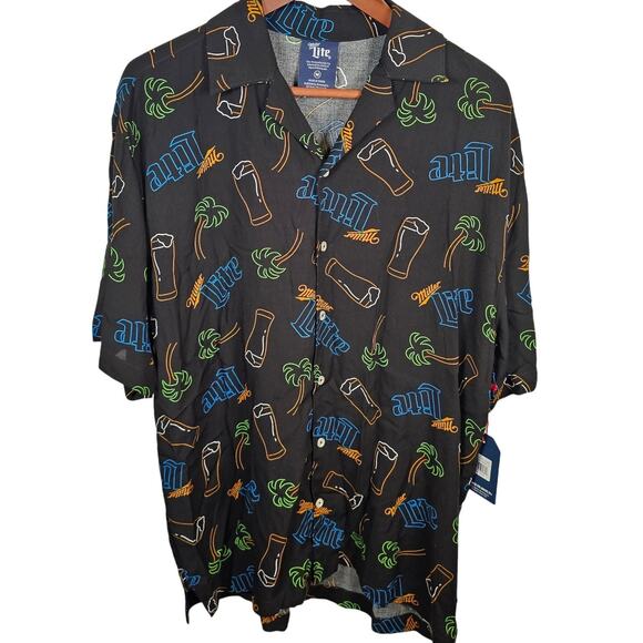 Miller Lite Neon Signs Hawaiian Beach Button Down Shirt Palm Trees Medium NWT - Picture 1 of 6